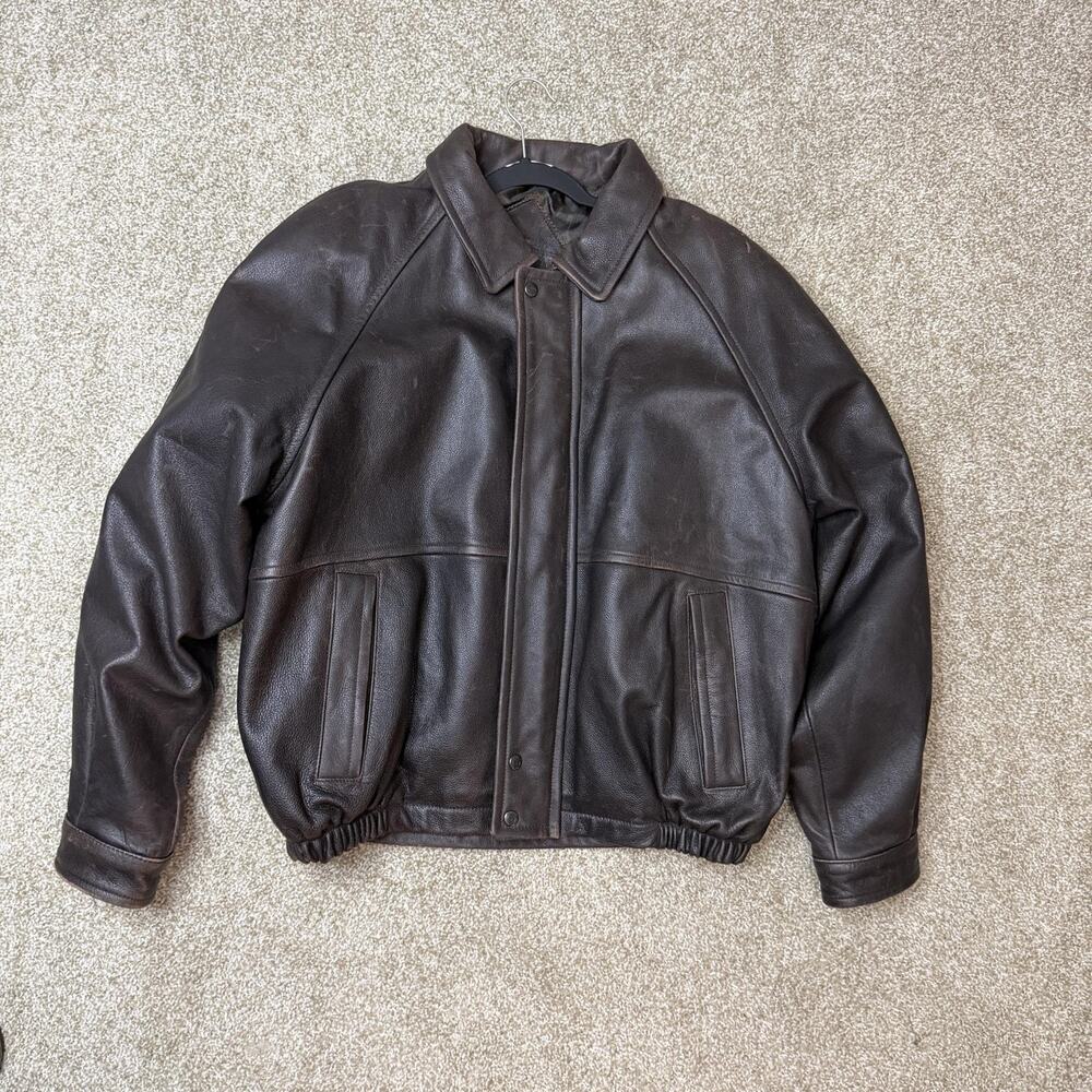 Vintage Roundtree & Yorke Jacket Mens L Brown Leather Bomber Lined Full Zip 90s
